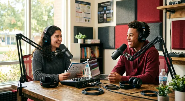 Podcast setup with microphones and headphones on a desk