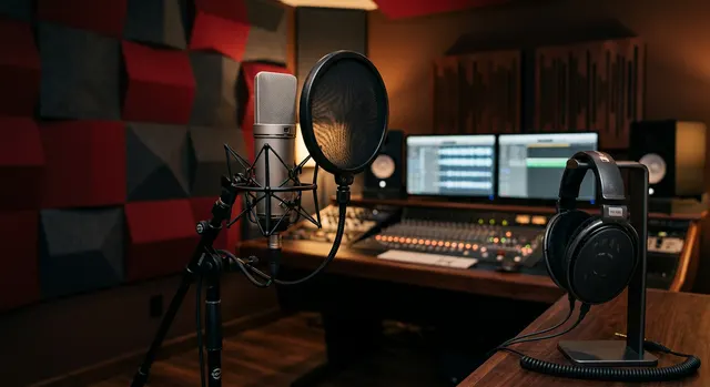 Recording studio with a condenser microphone, pop filter, mixing console and studio headphones